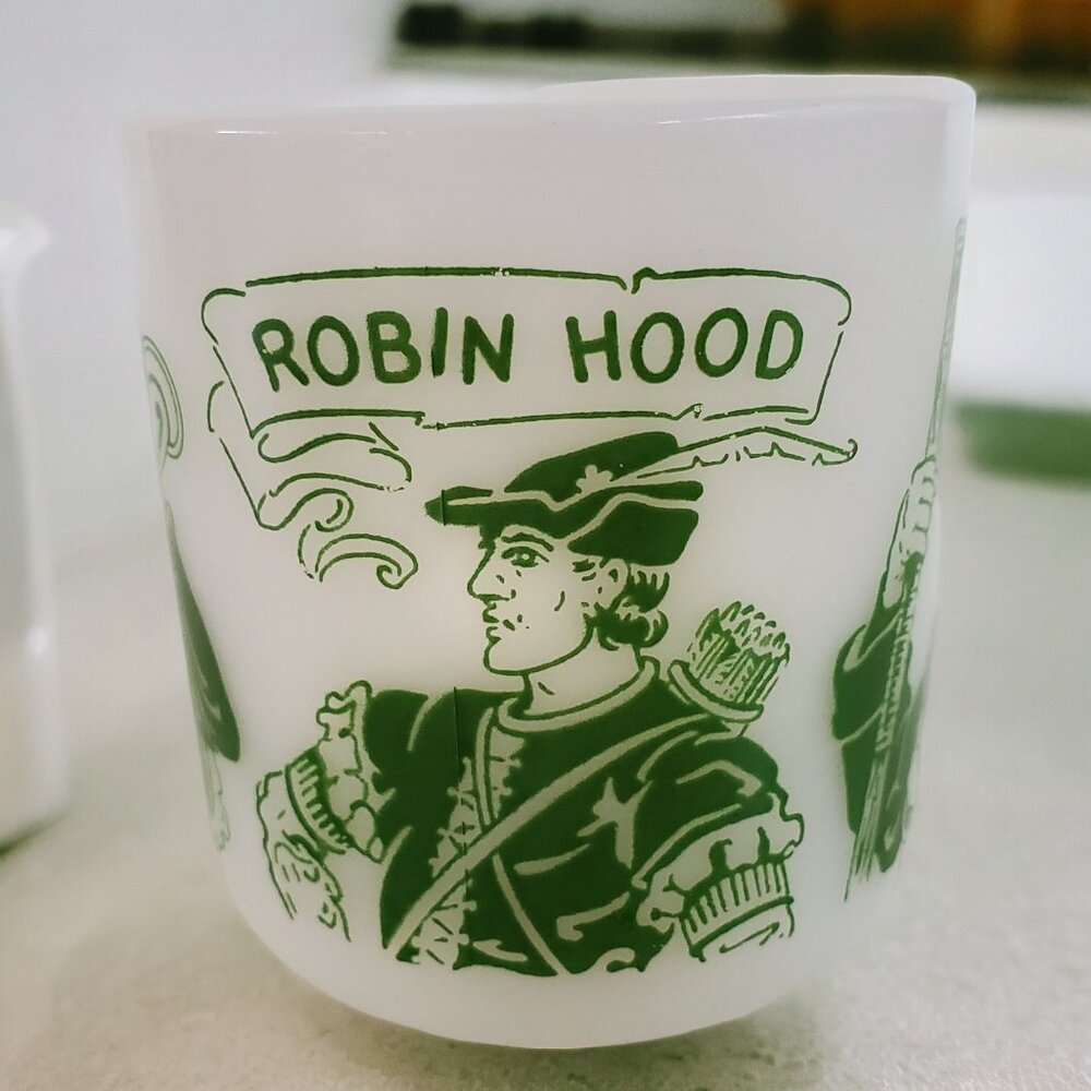 Hazel Atlas White Milk Glass Mug Cup MCM Robin Hood Little John Friar Tuck 6 oz